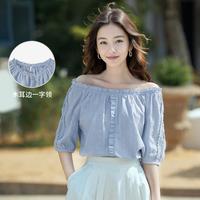 木耳边一字肩纯棉白衬衫女夏季时尚气质提花短袖衬衣