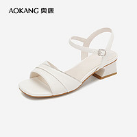 奥康（Aokang）女鞋23夏季一字带中跟柔美舒适时尚凉鞋女 白色 36