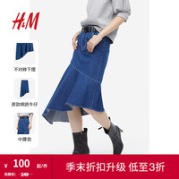 H&M女装半身裙春季别致设计不对称下摆修身牛仔裙1207369 牛仔蓝 170/88