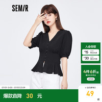 Semir森马短袖衬衫女短款v领泡泡袖夏肌理上衣气质少女感时尚 黑色9000 155/80A/S