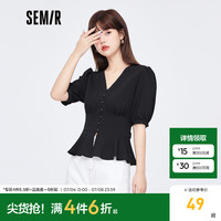 Semir森马短袖衬衫女短款v领泡泡袖夏肌理上衣气质少女感时尚 黑色9000 165/88A/L