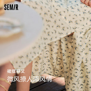 森马（Semir）连衣裙女开叉泡泡袖中长裙2024夏方领雪纺碎花裙浪漫109324114014 白色调00311