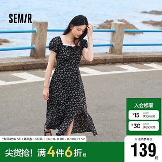 森马（Semir）连衣裙女开叉泡泡袖中长裙2024夏方领雪纺碎花裙浪漫109324114014 黑色调00399 XS