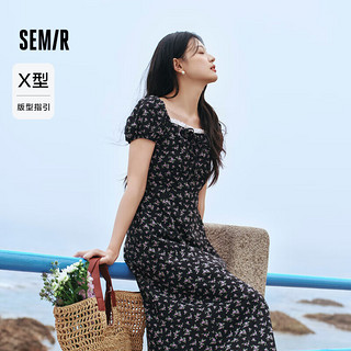 森马（Semir）连衣裙女开叉泡泡袖中长裙2024夏方领雪纺碎花裙浪漫109324114014 黑色调00399