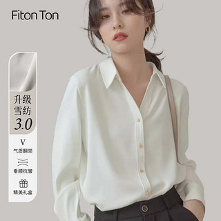 FitonTon雪纺衬衫女春秋宽松长袖气质垂感衬衣V领显瘦衬衣 白色 L L（115-125斤）