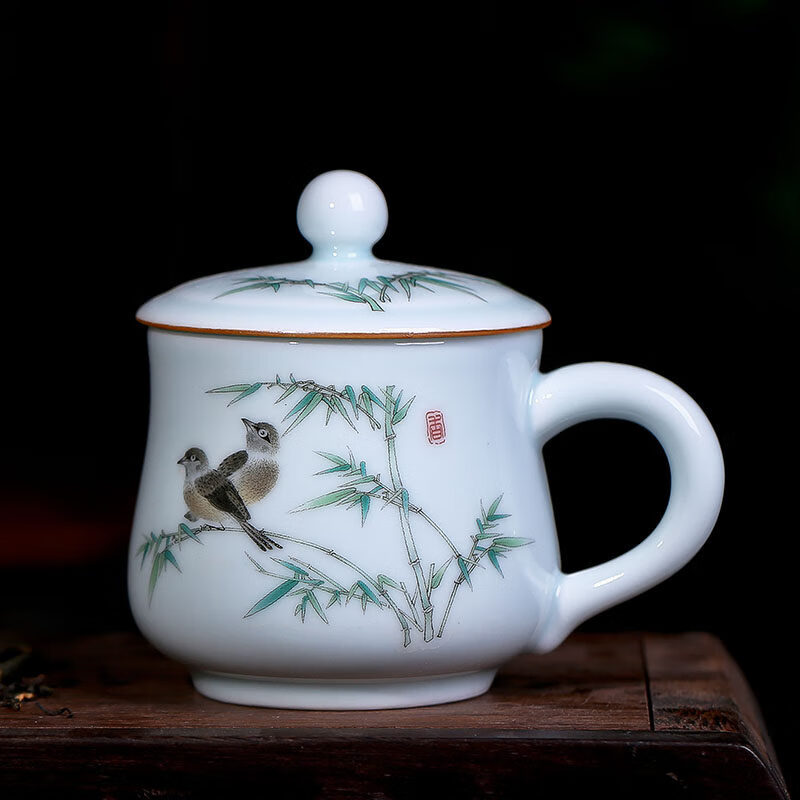瑾鑫睿 景德镇茶杯陶瓷办公室小茶杯带把手柄主人杯喝水杯子家用 竹韵
