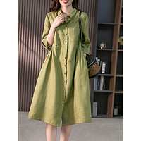 原形原形高端宽松显瘦亚麻连衣裙中长款2024夏季韩版气质裙子 橄榄绿 L