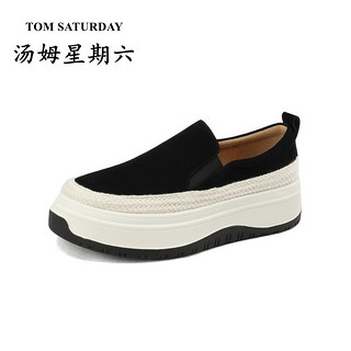 汤姆星期六（TOM SATURDAY）百搭休闲织厚底松糕底一脚蹬乐福鞋英伦风磨砂真皮圆头渔夫鞋女 黑色 35