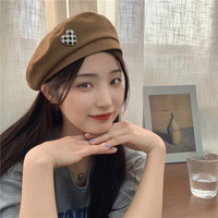 叕二叕 甜酷爱心格子贝雷帽女春夏大头围蓓蕾画家帽ins显脸小帽子 卡其色