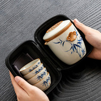 唐丰汝窑旅行茶具套装便携式一壶四杯户外露营随行泡茶喝茶收纳快客杯 竹韵如意快客杯