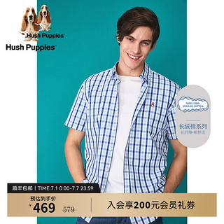 Hush Puppies【长绒棉】暇步士男装夏季纯棉休闲格子短袖衬衫 045中蓝1 L