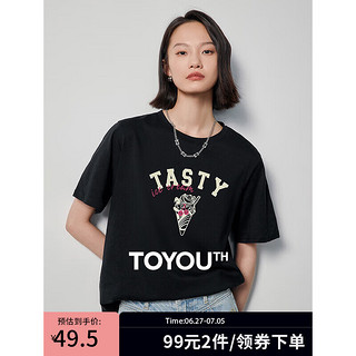 初语冰淇淋字母T恤女2024年夏季纯棉舒适透气圆领上衣 黑色-TASTY L
