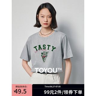 初语冰淇淋字母T恤女2024年夏季纯棉舒适透气圆领上衣 花灰-TASTY XL