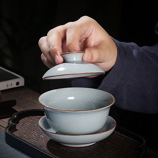 龙寅 汝窑盖碗茶壶茶具套装可养开片泡茶碗家用泡茶器天青色陶瓷盖碗