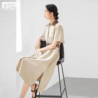 2024夏装撞色翻领腰带明线贴袋设计侧开叉落肩女式短袖连衣裙
