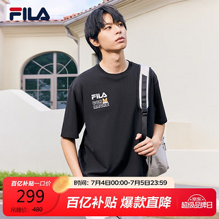 FILA 斐乐款针织短袖衫2024夏小狗刺绣舒适休闲T恤 正黑色-BK 175/96A/L