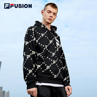 FILA FUSION斐乐潮牌连帽款卫衣秋时尚男装老花休闲宽松上衣 深黑-BK 160/84A/XS