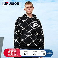 FILA FUSION斐乐潮牌连帽款卫衣秋时尚男装老花休闲宽松上衣 深黑-BK 190/108A/XXXL