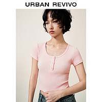 URBAN REVIVO 女士休闲简约百搭肌理纽扣短袖T恤 UYY440004 浅粉色 S