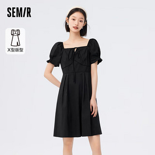 森马（Semir）连衣裙女纯色质感百搭季时尚方领短裙女士优雅107423114030 黑色90001 L