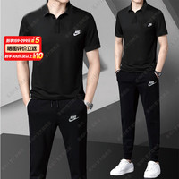 耐克(NIKE)运动套装男 24夏季纯棉针织透气polo衫短袖t恤跑步休闲长裤男 休闲简约polo套装/黑黑 L/175