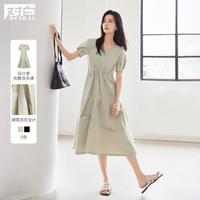 2024简约纯色夏装腰部抽绳袖口捏褶圆领女式短袖中长连衣裙