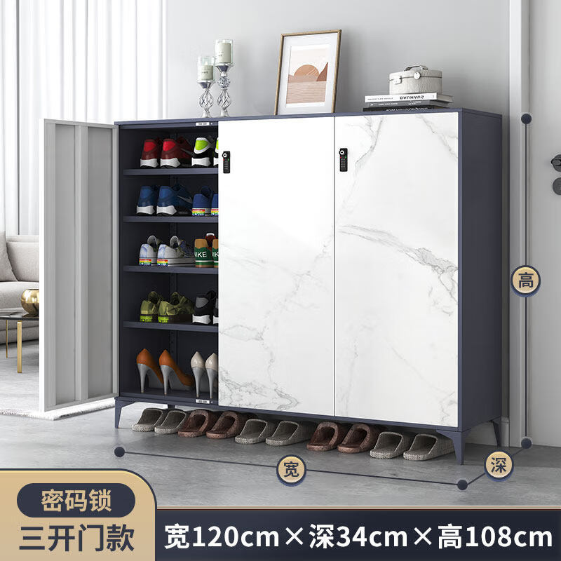 铁豹带锁鞋柜家用门外门口电梯口走廊楼道过道钢制大容量室外密码锁 三开门密码锁大理石纹(1.2米宽) 包安装