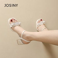 Josiny卓诗尼2024夏一字带低跟中空包头尖头仙女风粗跟凉鞋