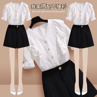 翎艳150小个子套装气质高级感2024大码女装韩版夏季短袖女上衣气质小 白色上衣+黑色短.裤(套装 L 101115斤