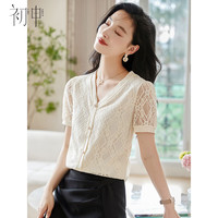 初申夏季短袖衬衫女气质V领优雅蕾丝百搭镂空小衫上衣S141C1831
