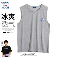 GENIOLAMODE品牌背心男韩版简约印花夏季薄款无袖坎肩男士运动上衣 浅灰 3XL(155斤-170斤)