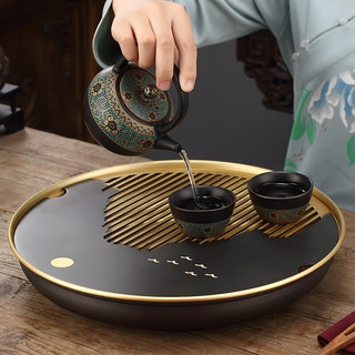 京也功夫茶盘纯黄铜茶具盘家用储水式干泡小茶台高档茶托盘轻奢高档 小号（祥瑞云纹）京也铜茶盘