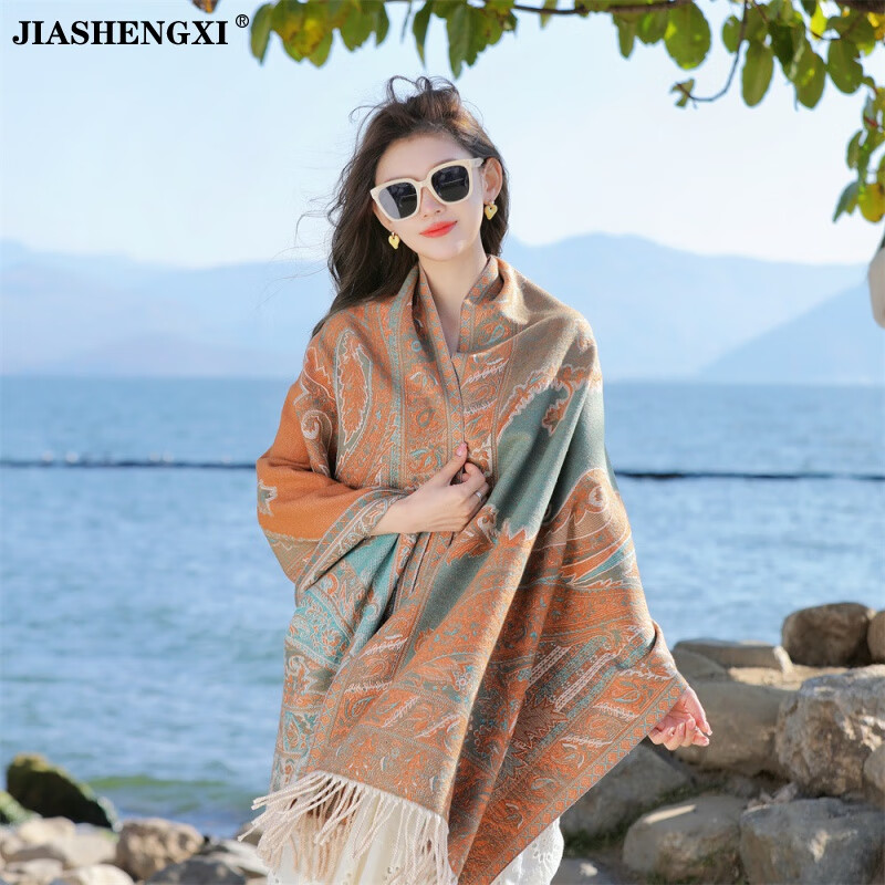 JIASHENGXI民族风提花大腰果花旅游围巾女提花流苏围巾加厚超长空调披肩 3 65*200CM