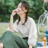 2024夏季法式气质灯笼袖衬衣女宽松纯棉衬衫设计感别致上衣