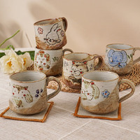 美浓烧（Mino Yaki） 濑户烧手绘咖啡杯 日式侘寂风粗陶马克杯 可爱猫咪杯子 蓝象