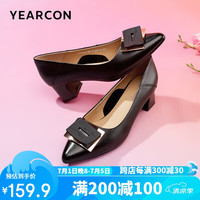 意尔康女鞋粗跟方扣浅口小皮鞋时尚通勤单鞋女 26708W