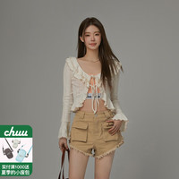 CHUU木耳边系带长袖外套女2024夏季小香风镂空喇叭袖外搭小衫 杏色 均码
