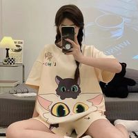 婧麒(JOYNCLEON)家居服开衫短袖长裤套装女士宽松睡衣透气舒适家居外出 可爱小猫Jsy145558 XL码