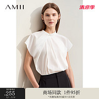 AMII2024夏气质通勤立领不对称收褶宽肩白衬衫女连袖衬衣上衣 米白 155/80A/S