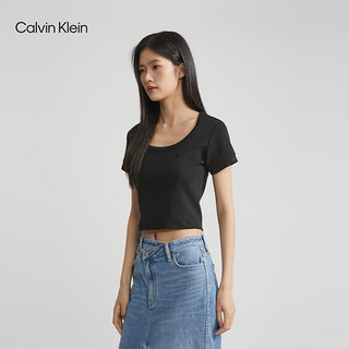 Calvin Klein Jeans夏季女士简约ck字母压印袖口辣妹短款重磅短袖T恤J221677 BEH-太空黑 M