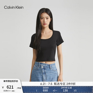 卡尔文·克莱恩 Calvin Klein Jeans夏季女士简约ck字母压印袖口辣妹短款重磅短袖T恤J221677 BEH-太空黑 XS