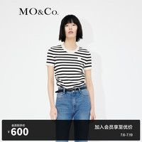 MO&Co.经典条纹珠绣logo短袖短款薄款针织衫白黑条上衣女 白黑条色-第
