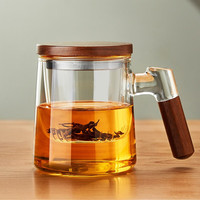 美斯尼 茶杯玻璃泡茶杯 木把茶水分离杯玻璃泡茶器带过滤水杯子 木柄杯 透明色