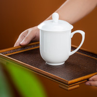 景德故事 景德镇玉泥纯白陶瓷茶杯带盖会议泡茶杯开会水杯360ml公司LOGO刻字