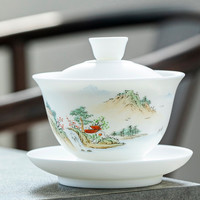 钰铨龙门 白瓷盖碗 羊脂玉瓷素烧墨彩手绘山水三才盖碗中式大号家用泡茶碗 手绘山水盖碗-款式一(约190ml)