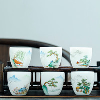 钰铨龙门 山水茶杯 德化羊脂玉瓷手绘主人杯功夫茶具白瓷喝茶杯单杯套组 手绘山水套组（6个）（约100ml)