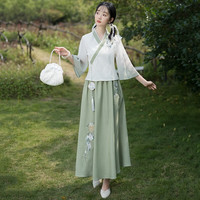 景华年夏改良汉服女装新中式国风复古刺绣斜襟上衣裙子班级茶艺服套装 绿色上衣+绿色裙子 XL