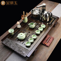 金镶玉茶具套装 檀木茶盘家用全自动带烧水电磁炉汝窑功夫茶壶茶杯茶台 檀木祥龙汝窑茶具套组
