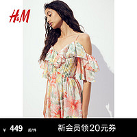 H&M2024夏季女装露肩连衣裙1238459 粉色/花卉 155/80