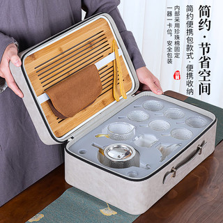 耐热玻璃旅行茶具套装家用便携手提收纳箱户外泡茶办公会客整套茶盘小号 10头(400不锈钢)+六色把+皮包灰